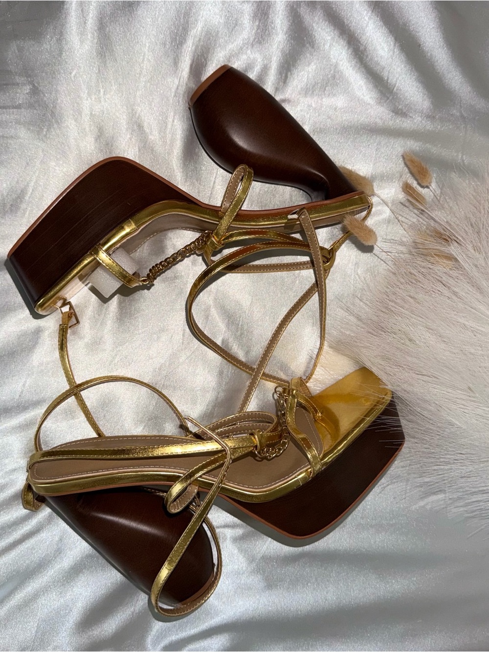 Fashion Nova Gold and Brown Platform Heeled Sandals
